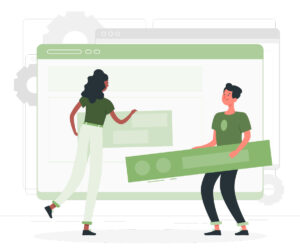 Was macht eine gute Website aus. Eine Illustration auf der sind eine Frau und ein Mann sie stehen vor einer übergroßen Website, und rangieren Elemente auf der Website. Als ob sie vor einer großen Leinwand stehen würden.