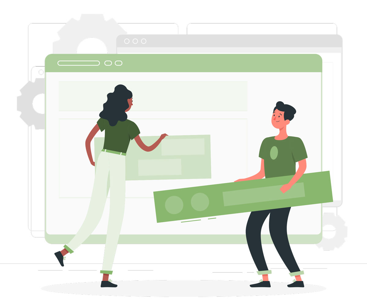 Was macht eine gute Website aus. Eine Illustration auf der sind eine Frau und ein Mann sie stehen vor einer übergroßen Website, und rangieren Elemente auf der Website. Als ob sie vor einer großen Leinwand stehen würden.